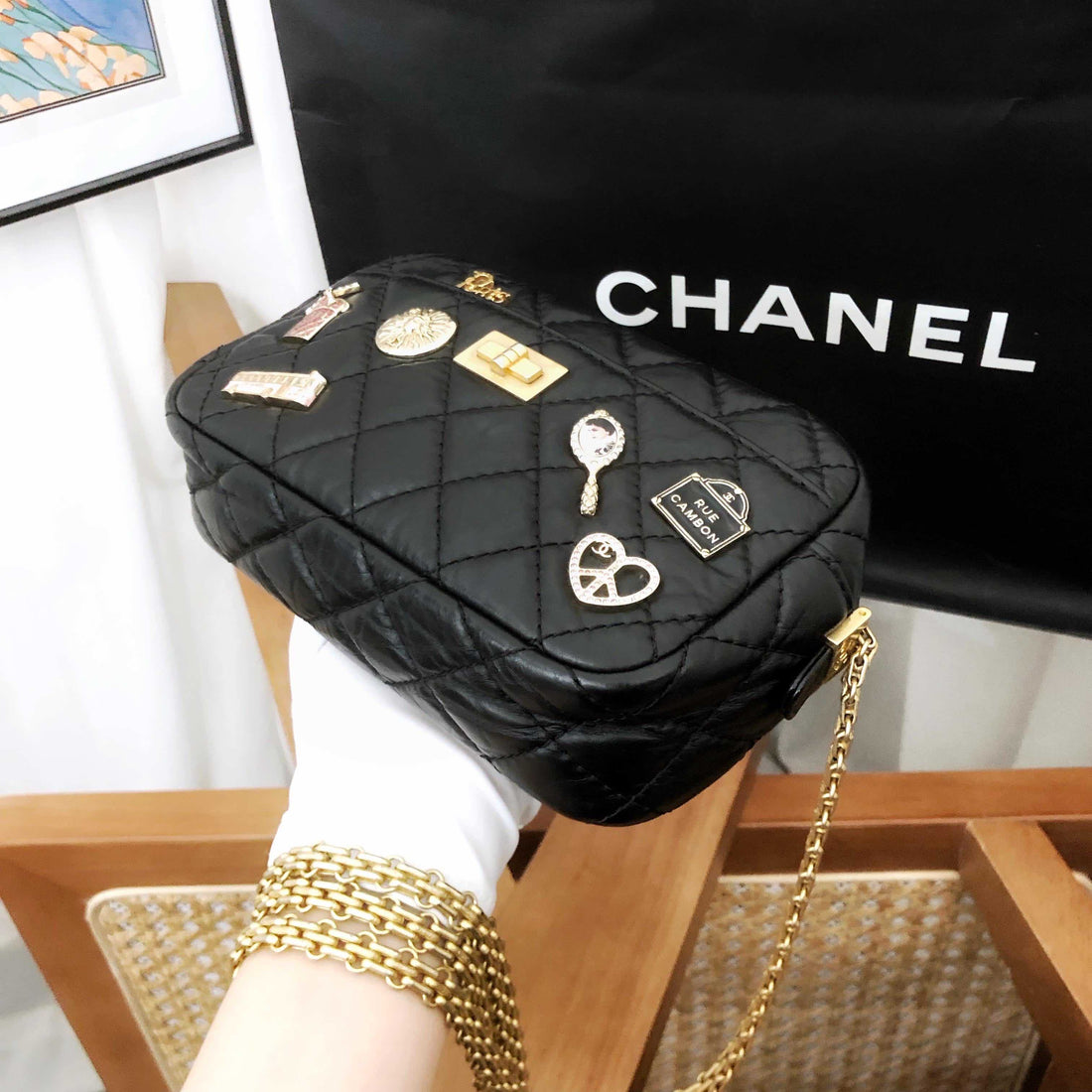 Top Quality Chanel Black Quilted Leather Camera Bag with Gold Hardware