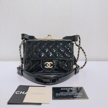 Top Quality Chanel Patent and Lace Twin Chain Bag Black Shoulder Bag
