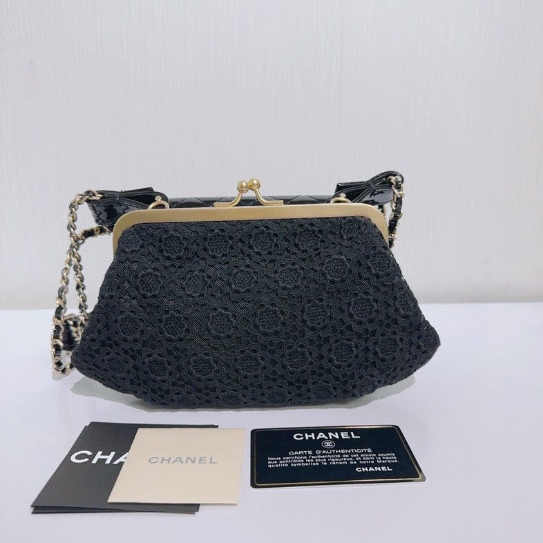 Top Quality Chanel Patent and Lace Twin Chain Bag Black Shoulder Bag
