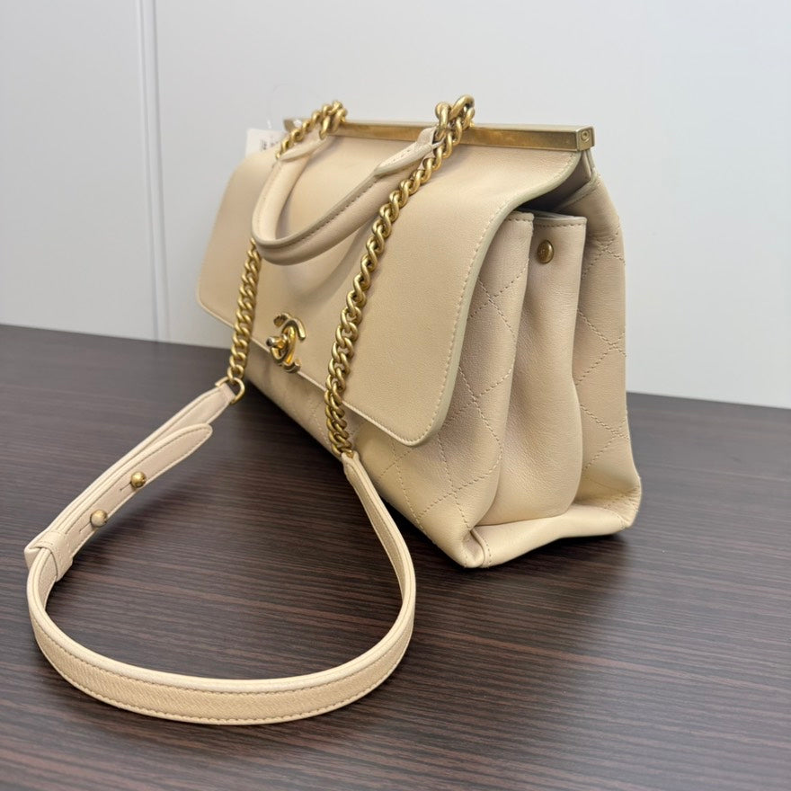Top Quality Chanel Calfskin 2way Flap Bag B2011 Beige Shoulder Bag