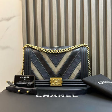 Top Quality Chanel Le Boy Bag Chevron Black Leather Gold Hardware Crossbody