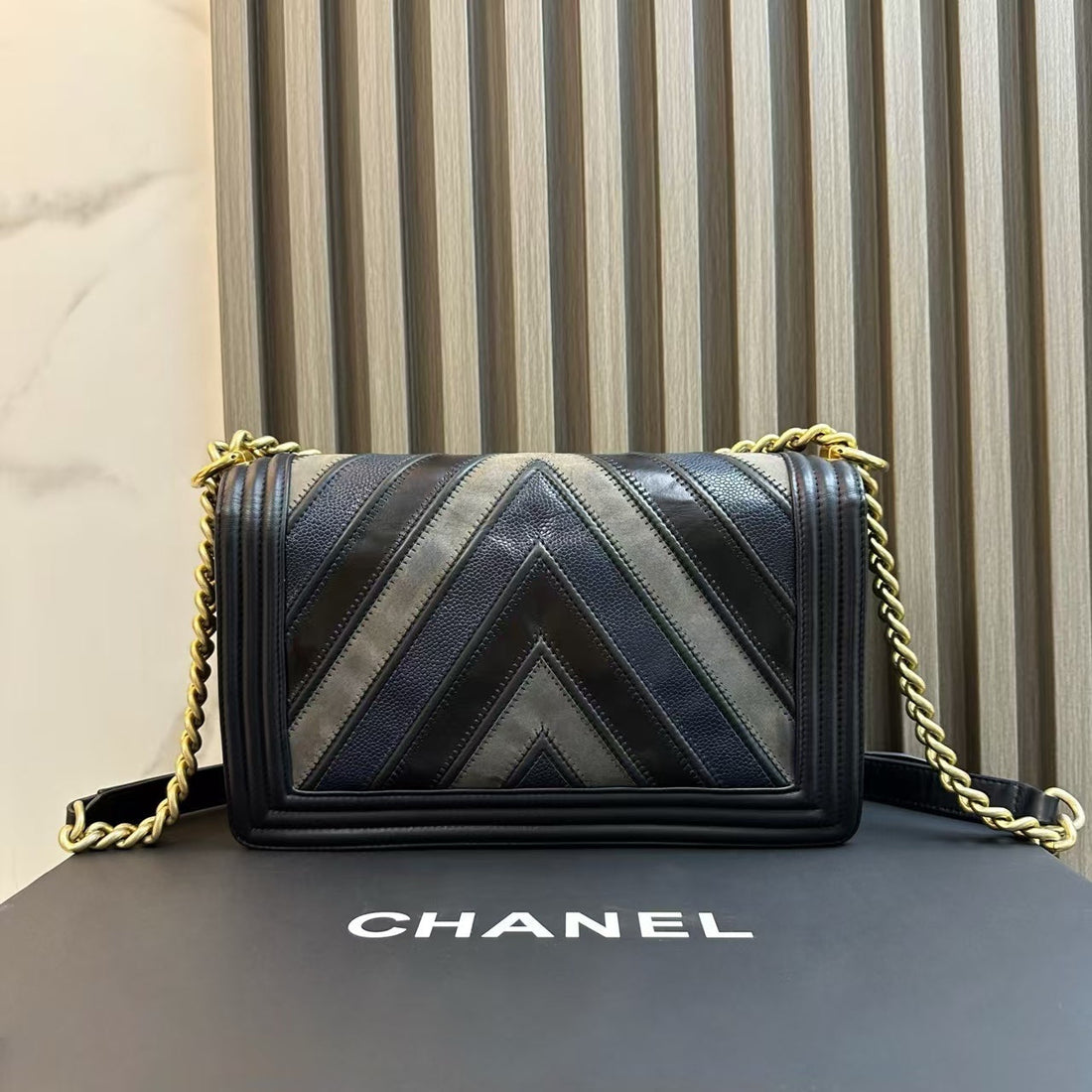 Top Quality Chanel Le Boy Bag Chevron Black Leather Gold Hardware Crossbody