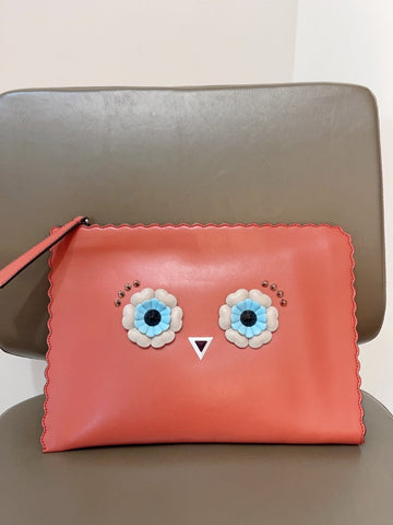 Fendi Monster Clutch Coral Leather Clutch
