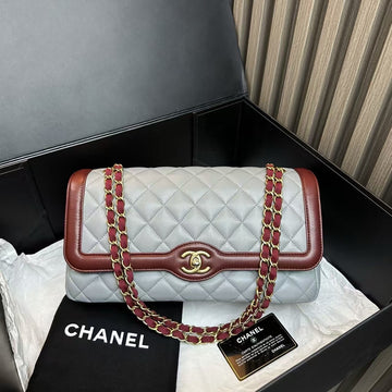 Chanel Flap Bag Grey and Burgundy Leather Shoulder Bag