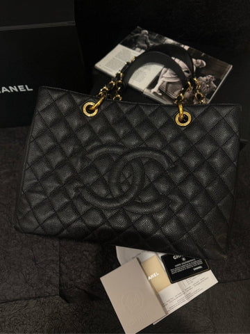Top Quality Chanel Black Gold Caviar GST Medium Size Shoulder Bag with Card