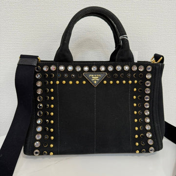 Prada Canapa Rhinestone Canvas Black 2way Bag FM9013