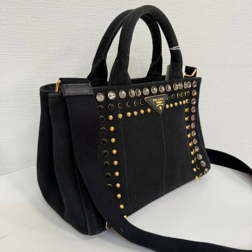 Prada Canapa Rhinestone Canvas Black 2way Bag FM9013