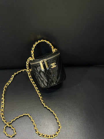 Chanel Mini Bucket Bag - Black Leather with Gold Chain