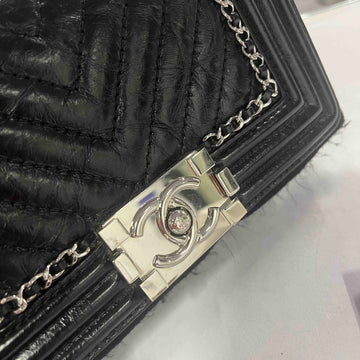 Chanel Le Boy Black Leather Shoulder Bag with Silver Hardware