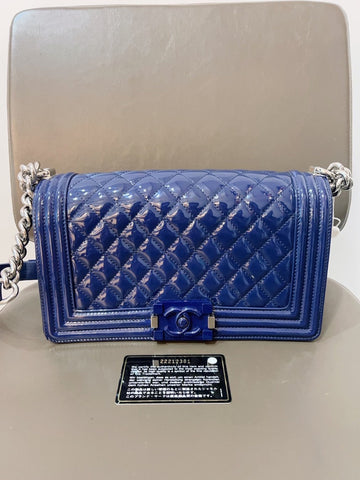 Chanel Le Boy  Leather MM Blue Shoulder Bag with Card