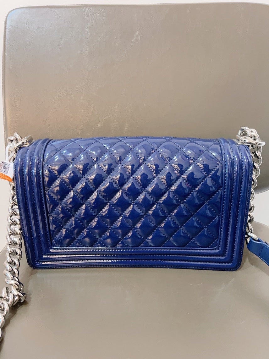 Chanel Le Boy  Leather MM Blue Shoulder Bag with Card