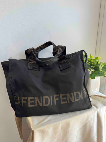 FENDI Vintage Tote Bag in Black Nylon with Fendi Logo