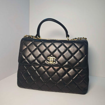 Chanel Trendy CC Black & Gold GM Size Quilted Leather Top Handle Bag
