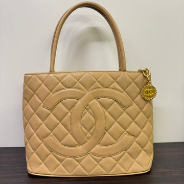 Chanel Caviar Leather Medallion Tote Bag Beige