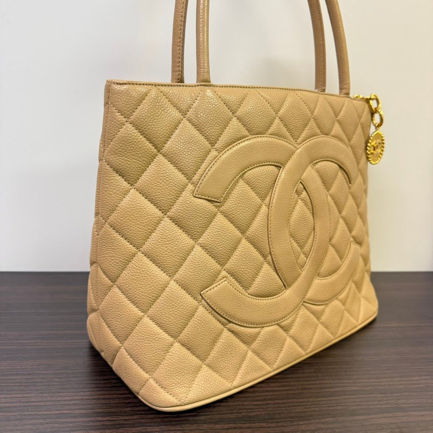 Chanel Caviar Leather Medallion Tote Bag Beige