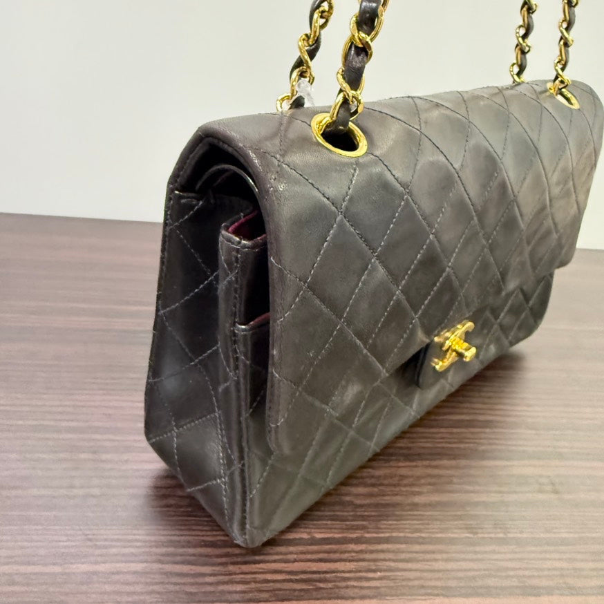 Chanel Lambskin Double Flap Bag Medium Black Shoulder Handbag LB109477