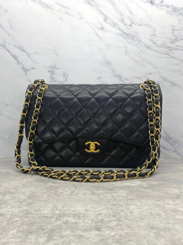 Chanel Classic Flap Black-Gold Jumbo Caviar Leather Shoulder Bag