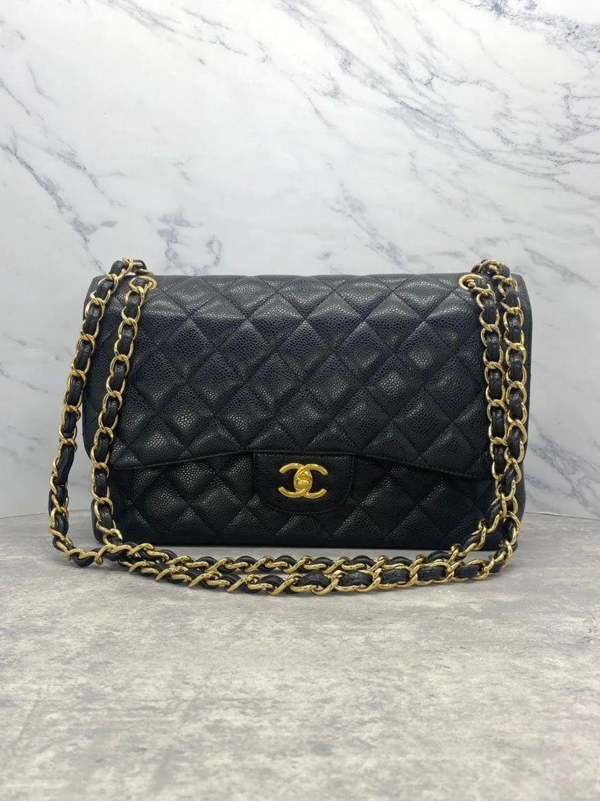 Chanel Classic Flap Black-Gold Jumbo Caviar Leather Shoulder Bag