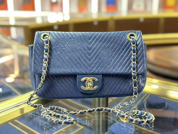Chanel Chevron Flap Bag Blue Leather Shoulder Bag
