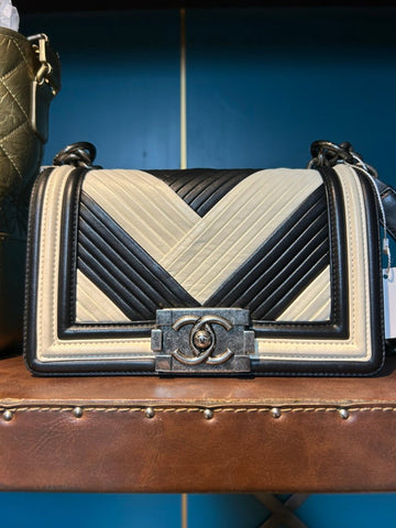 Chanel Boy Bag Black & Beige Leather Shoulder Bag