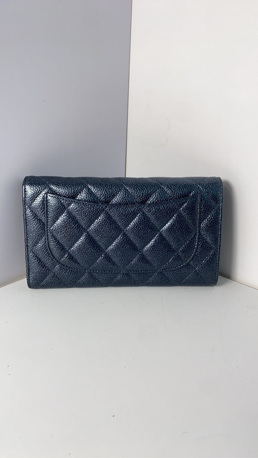 Chanel Quilted Navy Blue Leather Wallet with Box and Free Chain