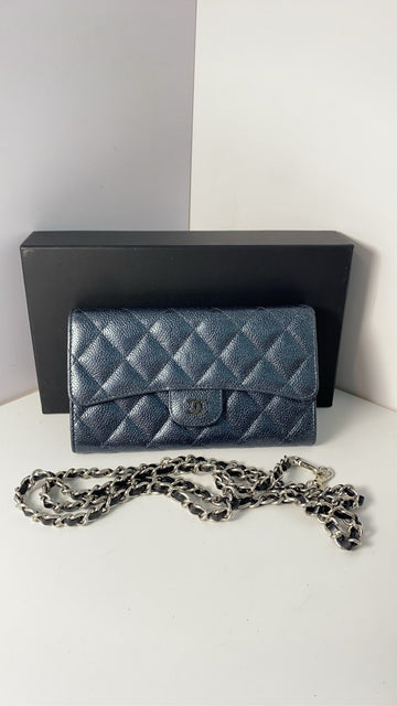 Chanel Quilted Navy Blue Leather Wallet with Box and Free Chain