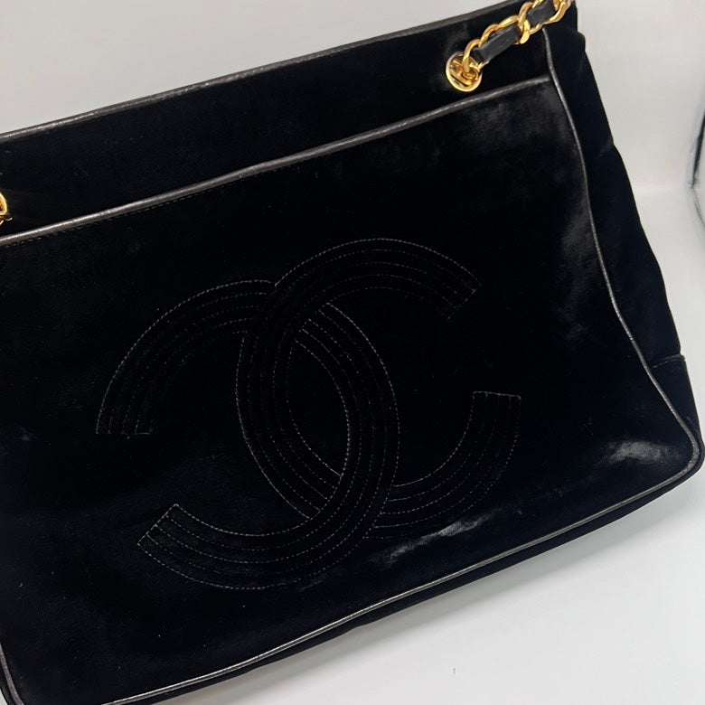 Chanel  Velvet & Leather Chain Shoulder Bag in Black