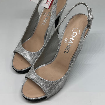 Chanel Slingback Silver High Heel Pumps Size 38