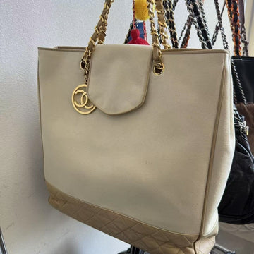 Chanel GST Beige Canvas Gold Hardware Tote Bag