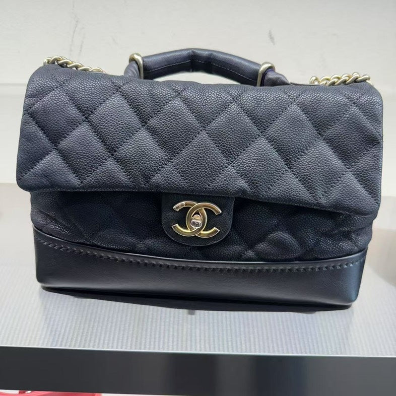 Chanel Quilted Flap Black Leather Top Handle Bag