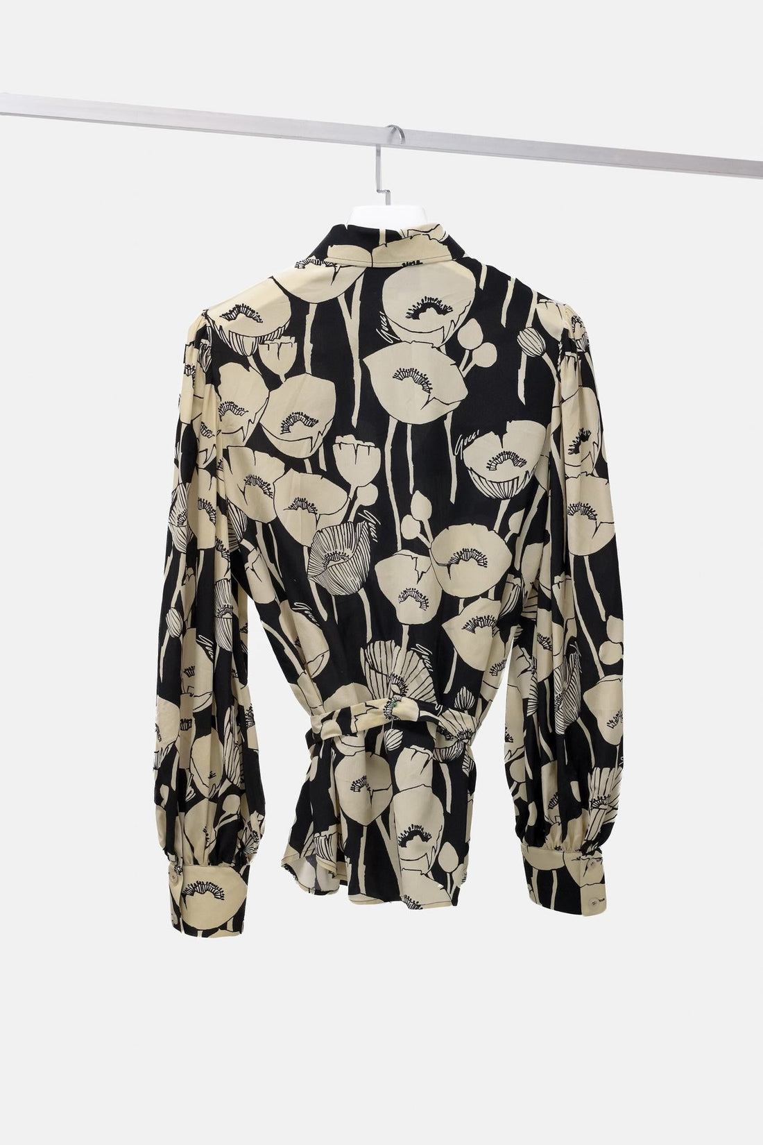 Gucci SS/21 Black and White Poppy-Floral Silk Blouse