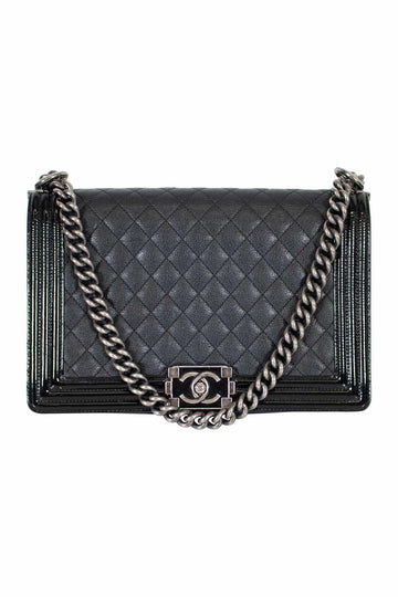 Top Quality Chanel Black grained calfskin quilted 'Boy' bag with ruthenium- hardware and patent border in 'New Medium' size