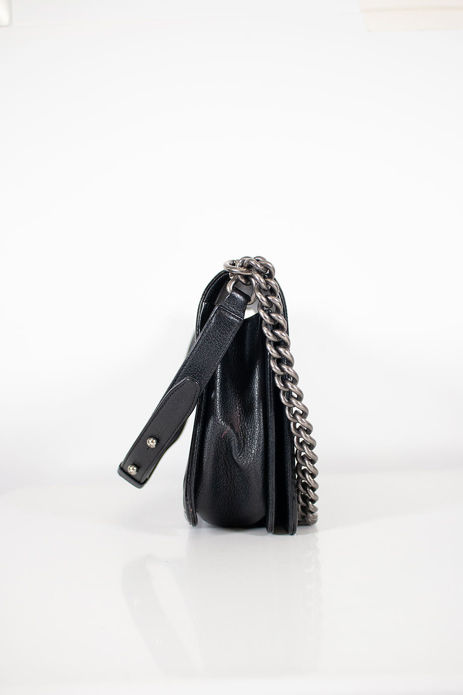 Top Quality Chanel Black grained calfskin quilted 'Boy' bag with ruthenium- hardware and patent border in 'New Medium' size