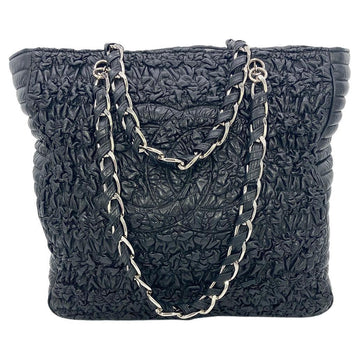 Top Quality Chanel Astrakhan Black Leather Ruched Shopping Tote