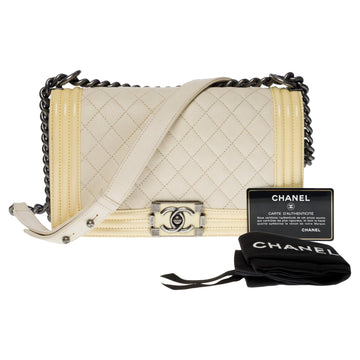 Top Quality Chanel Boy medium shoulder bag in beige caviar & Yellow patent leather, SHW
